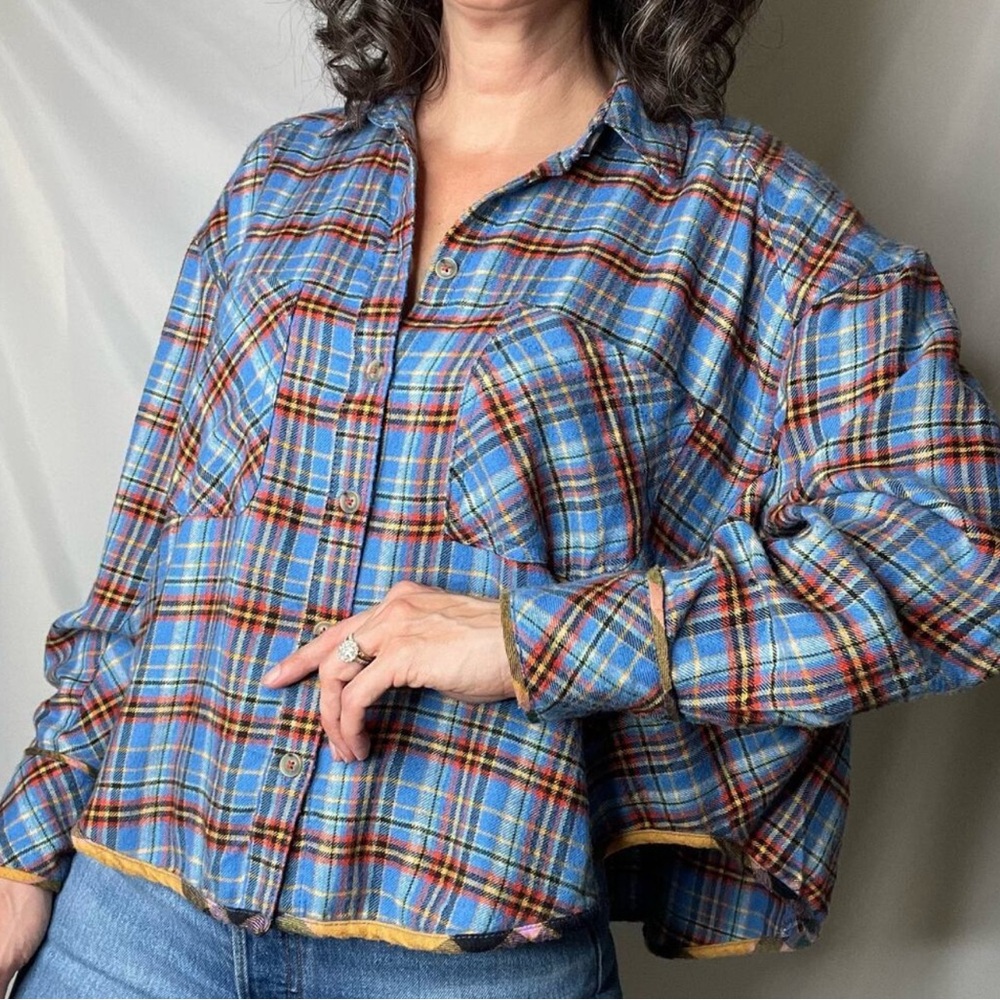 Urban Outfitters BDG Karl cropped flannel shirt top oversized plaid blue red XS